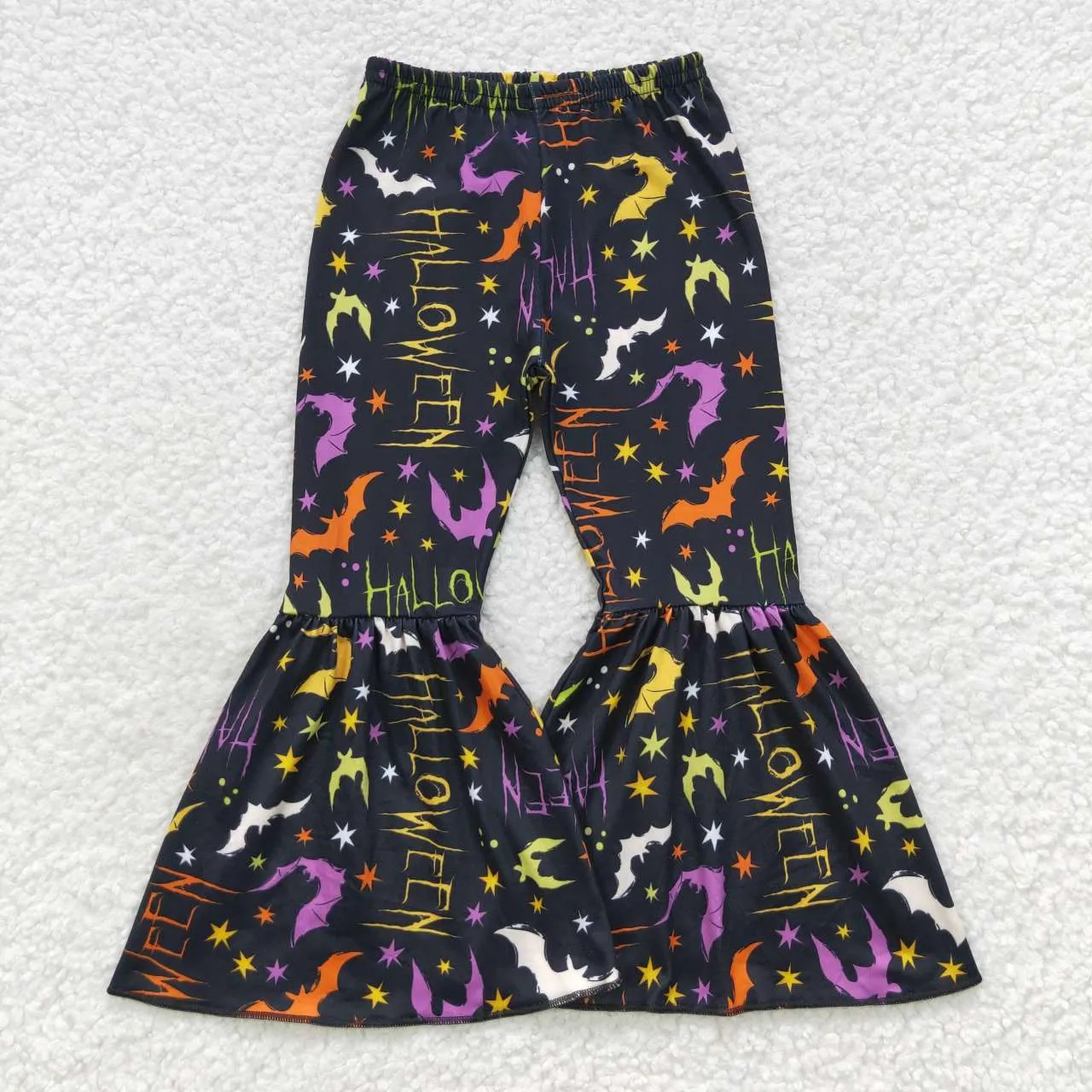 Girl Halloween black bat print bell bottom pants P0174