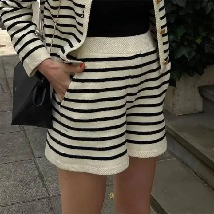 Girlary Autumn Striped Single Breasted Knit Tops Shorts Women Sets Elegant Cardigan Sweater Two Piece Sets Womens Outifits Streetwear