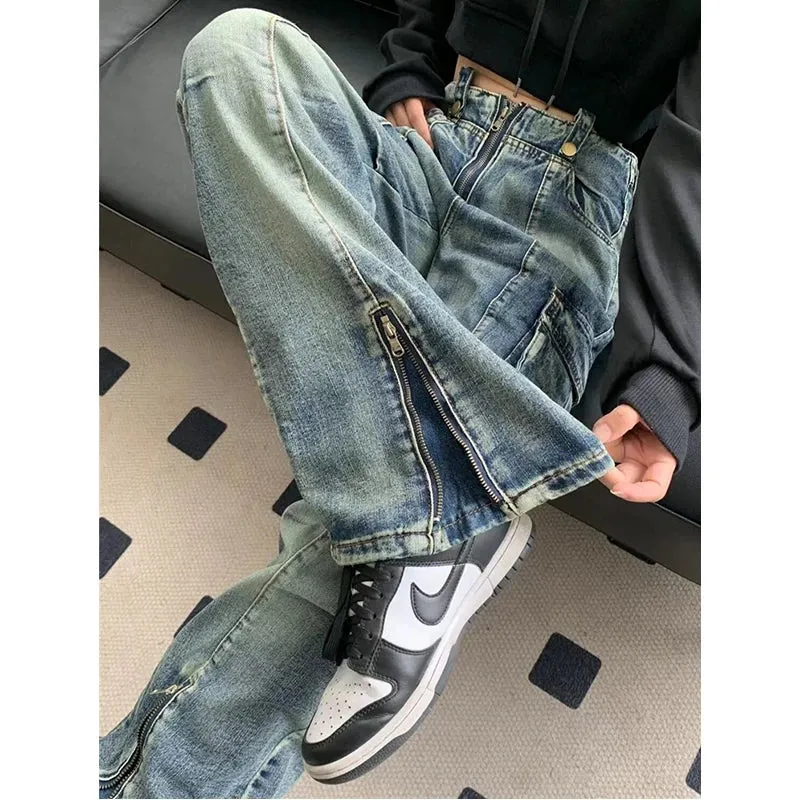 Girlary Blue Women Jeans Vintage High Waist Chic American Fashion Y2K Streetwear Wide Leg Jean Female Trouser NEW Baggy Denim Pants