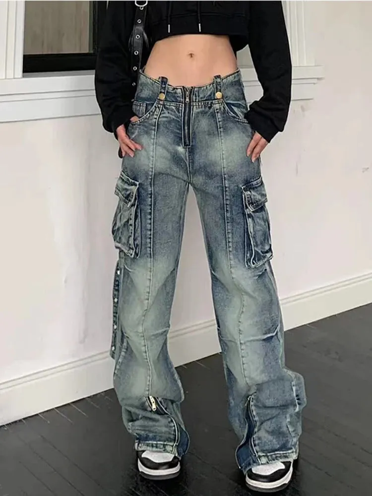 Girlary Blue Women Jeans Vintage High Waist Chic American Fashion Y2K Streetwear Wide Leg Jean Female Trouser NEW Baggy Denim Pants