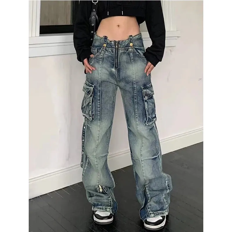 Girlary Blue Women Jeans Vintage High Waist Chic American Fashion Y2K Streetwear Wide Leg Jean Female Trouser NEW Baggy Denim Pants