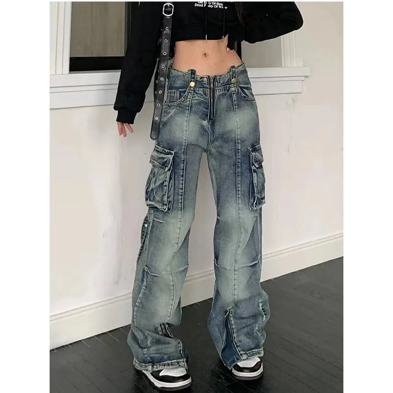 Girlary Blue Women Jeans Vintage High Waist Chic American Fashion Y2K Streetwear Wide Leg Jean Female Trouser NEW Baggy Denim Pants