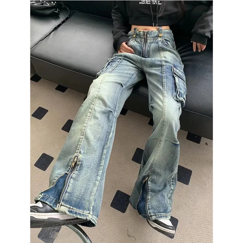 Girlary Blue Women Jeans Vintage High Waist Chic American Fashion Y2K Streetwear Wide Leg Jean Female Trouser NEW Baggy Denim Pants