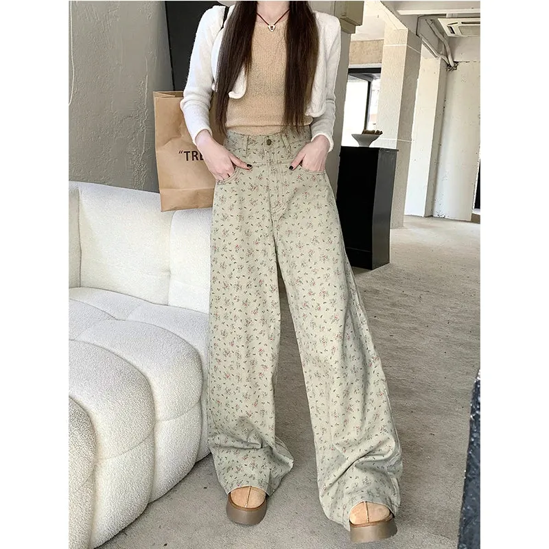 Girlary Green Women Jeans Vintage High Waist Chic American Fashion Y2K Streetwear Wide Leg Jean Female Trouser Printing Baggy Denim Pant