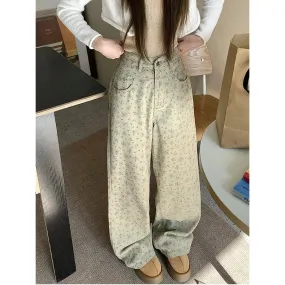 Girlary Green Women Jeans Vintage High Waist Chic American Fashion Y2K Streetwear Wide Leg Jean Female Trouser Printing Baggy Denim Pant