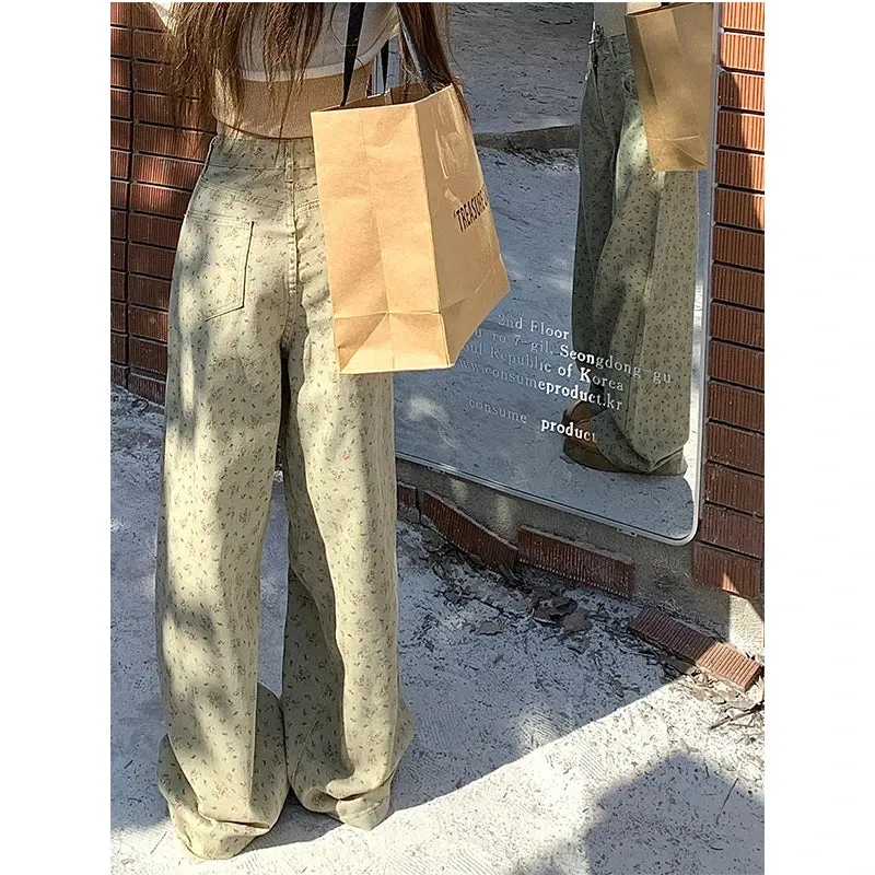 Girlary Green Women Jeans Vintage High Waist Chic American Fashion Y2K Streetwear Wide Leg Jean Female Trouser Printing Baggy Denim Pant