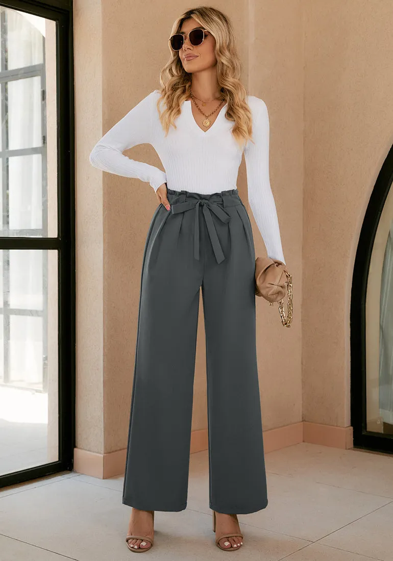 Gray Women's Brief Elastic Waist High Waisted Wide Leg Pant with Belt