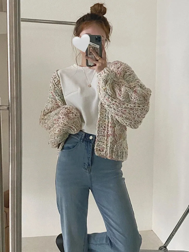 Handmade Chunky Knit Tops Women Fashion Cropped Knitted Cardigan Sweater Colourful Streetwear C-170