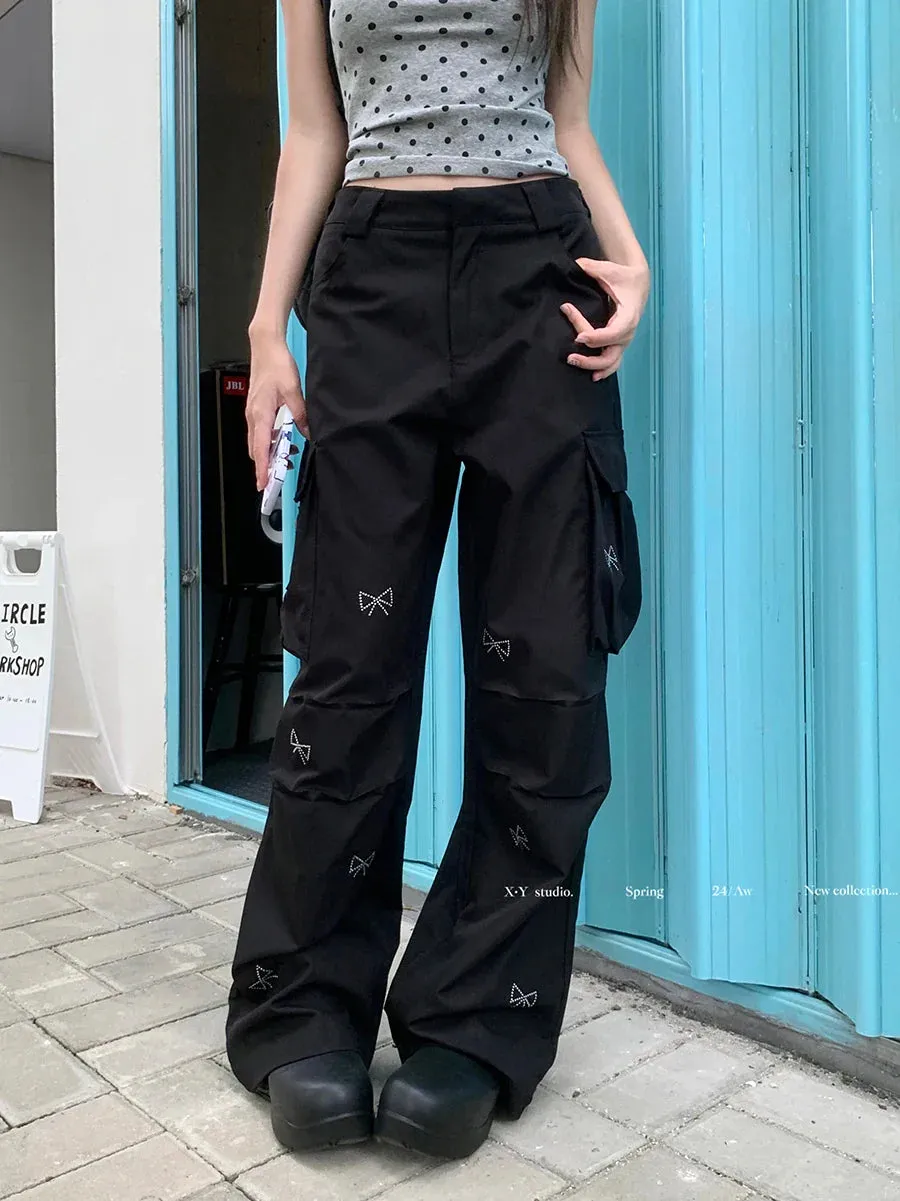 High Korean Multi-Pocket Waist Casual Diamond Straight Hot Y2k Street Bow Fashion Leg Pants