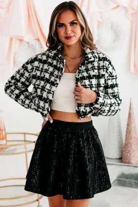 Hold Me Forever Houndstooth Print Cropped Sherpa Jacket (Black)