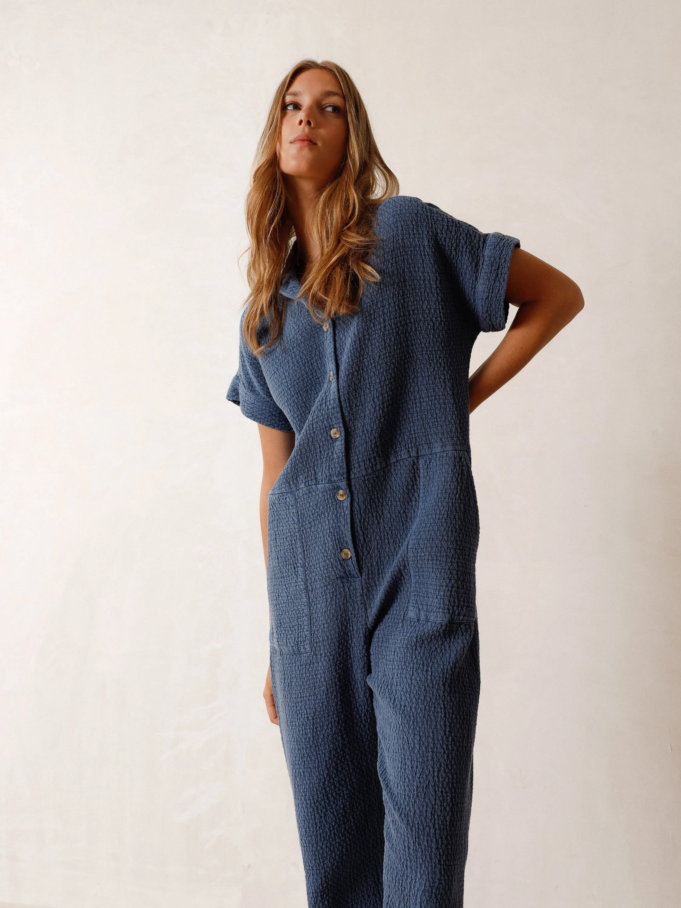 Indi & Cold Rustic Jacquard Jumpsuit in Indigo