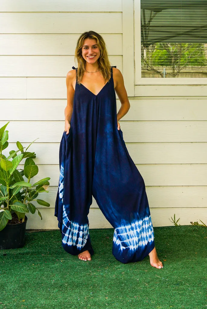 J61- Hand Dyed Wide Leg Boho Hippie Jumpsuits Rompers Pants with Pockets