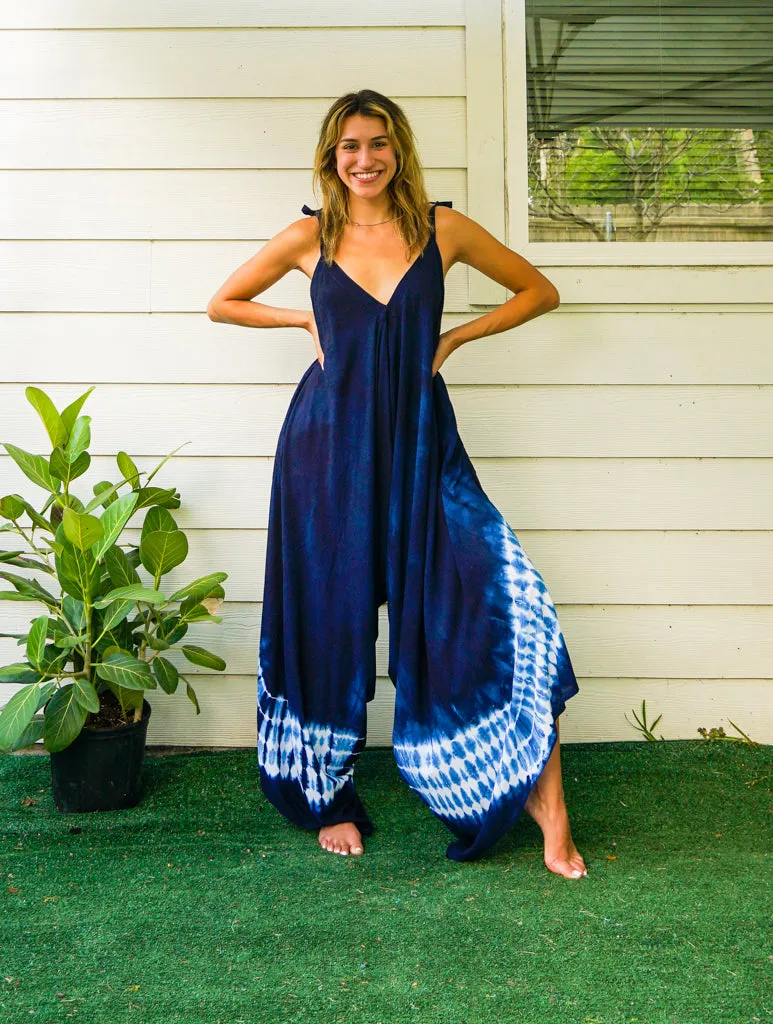 J61- Hand Dyed Wide Leg Boho Hippie Jumpsuits Rompers Pants with Pockets