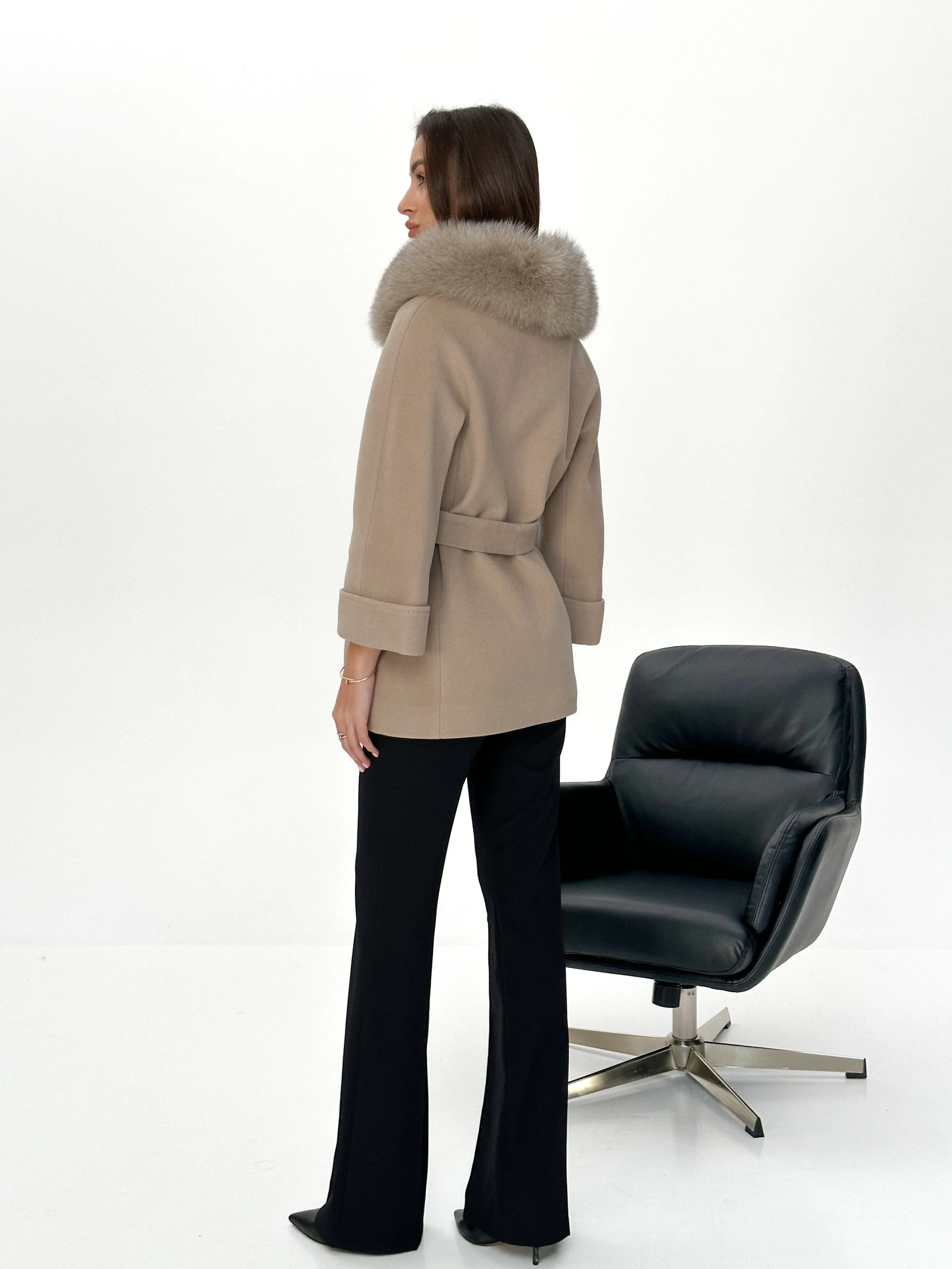 Jackie Genuine Polar Fox Trim Cashmere Wool Coat