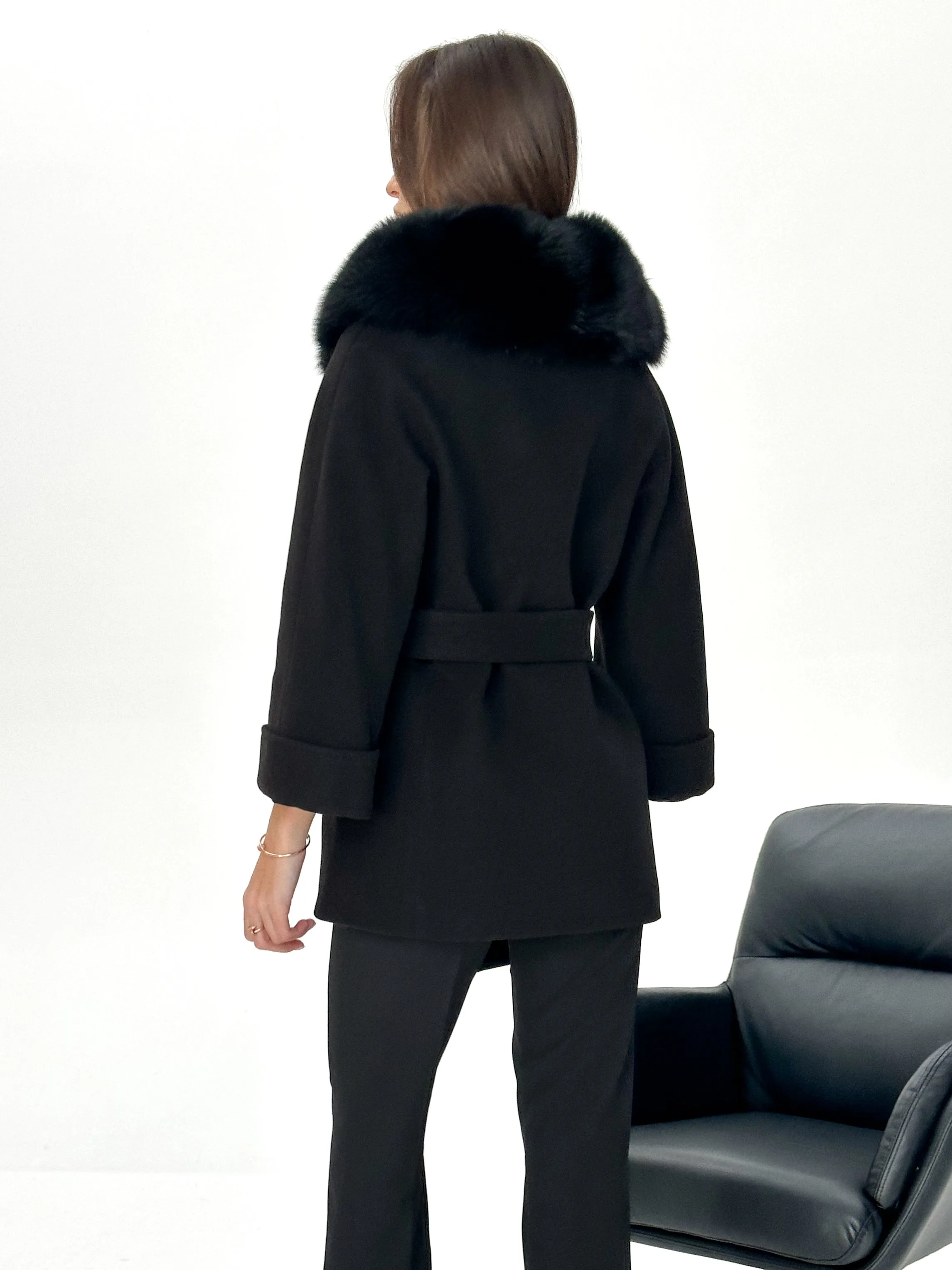 Jackie Genuine Polar Fox Trim Cashmere Wool Coat