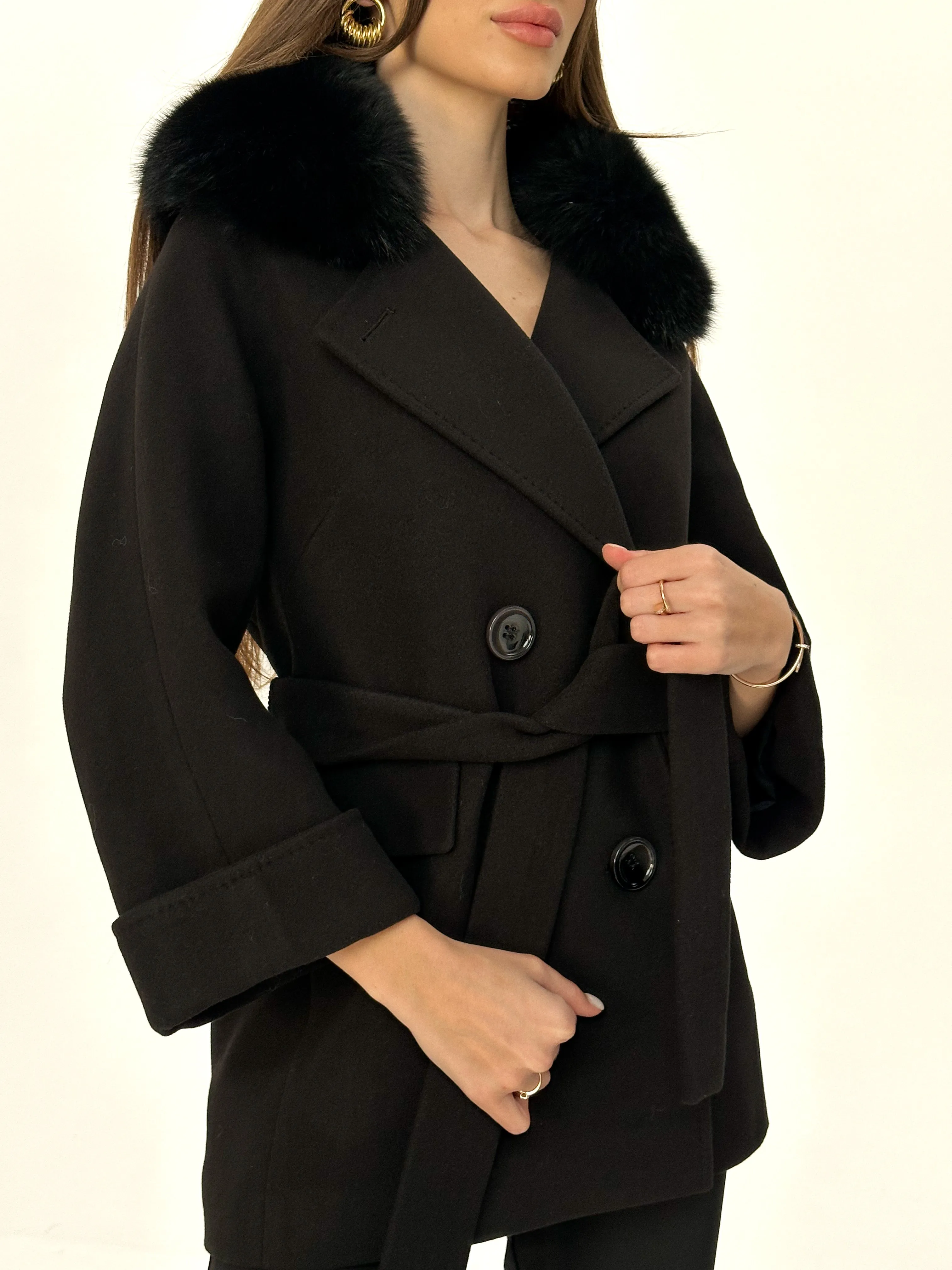 Jackie Genuine Polar Fox Trim Cashmere Wool Coat