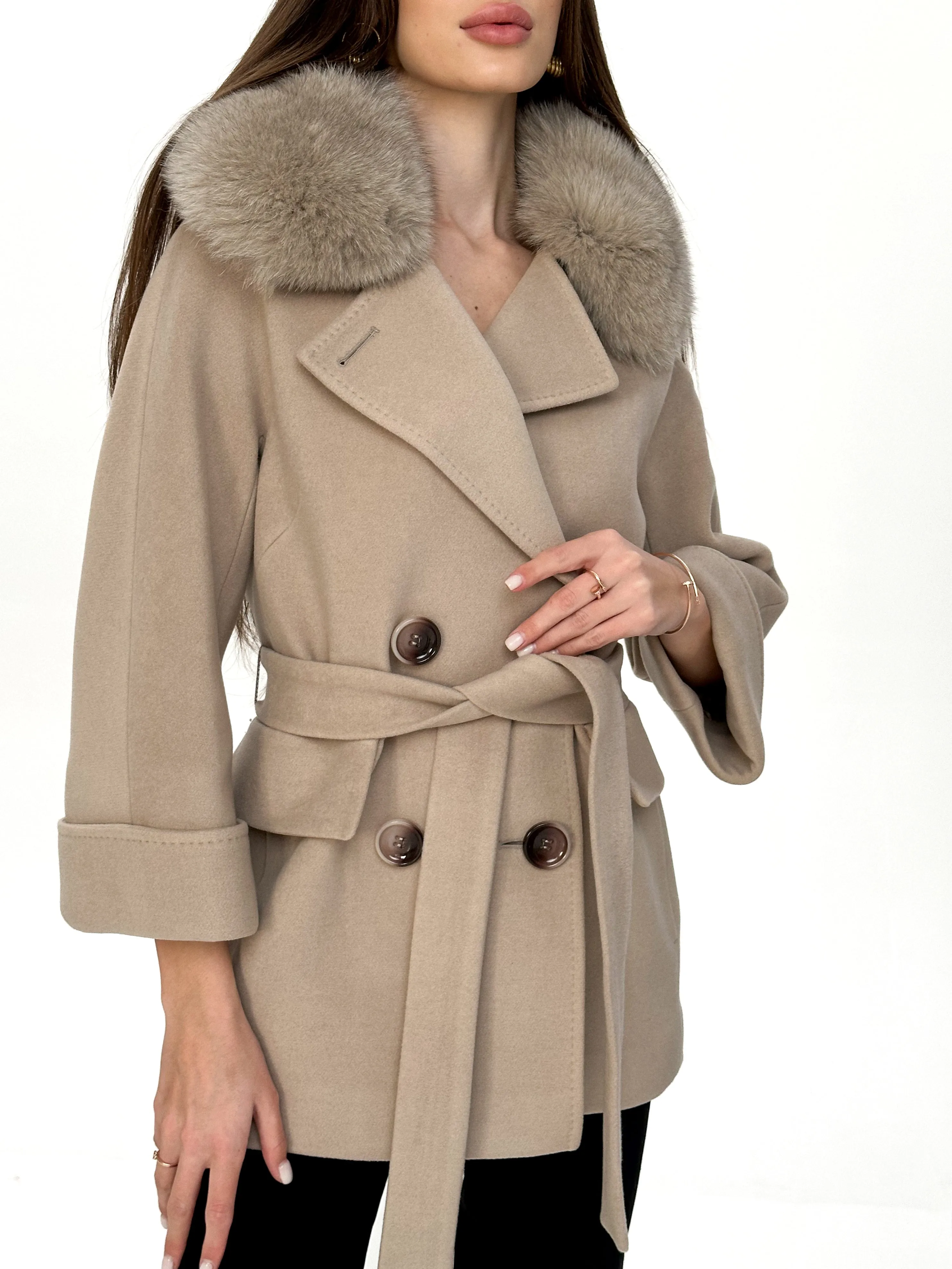 Jackie Genuine Polar Fox Trim Cashmere Wool Coat