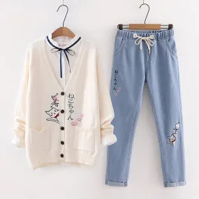 Japanese Cartoon Cat Letter Print Cardigan Sweater Shirt Denim Pants Set