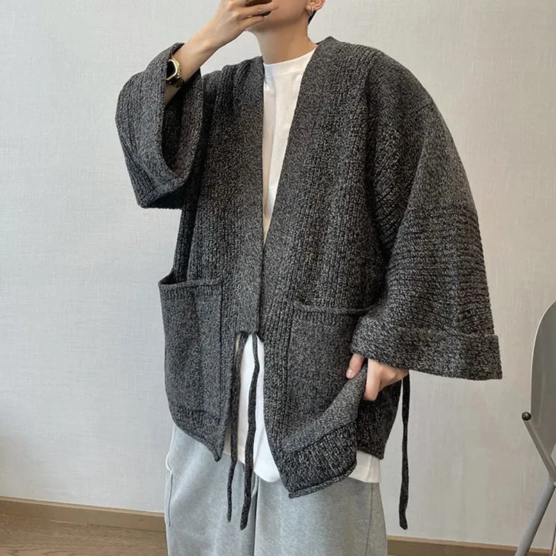 Japanese Streetwear Oversize Cardigan For Men - Casual Drop Shoulder Knitted Sweater Loose Coat