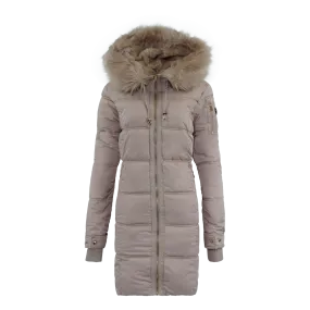 Jessica Simpson Women's Fur Trimmed Sherpa Lined Quilted Puffer Jacket Champagne S