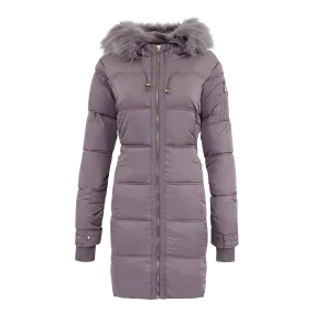 Jessica Simpson Women's Fur Trimmed Sherpa Lined Quilted Puffer Jacket Mauve L