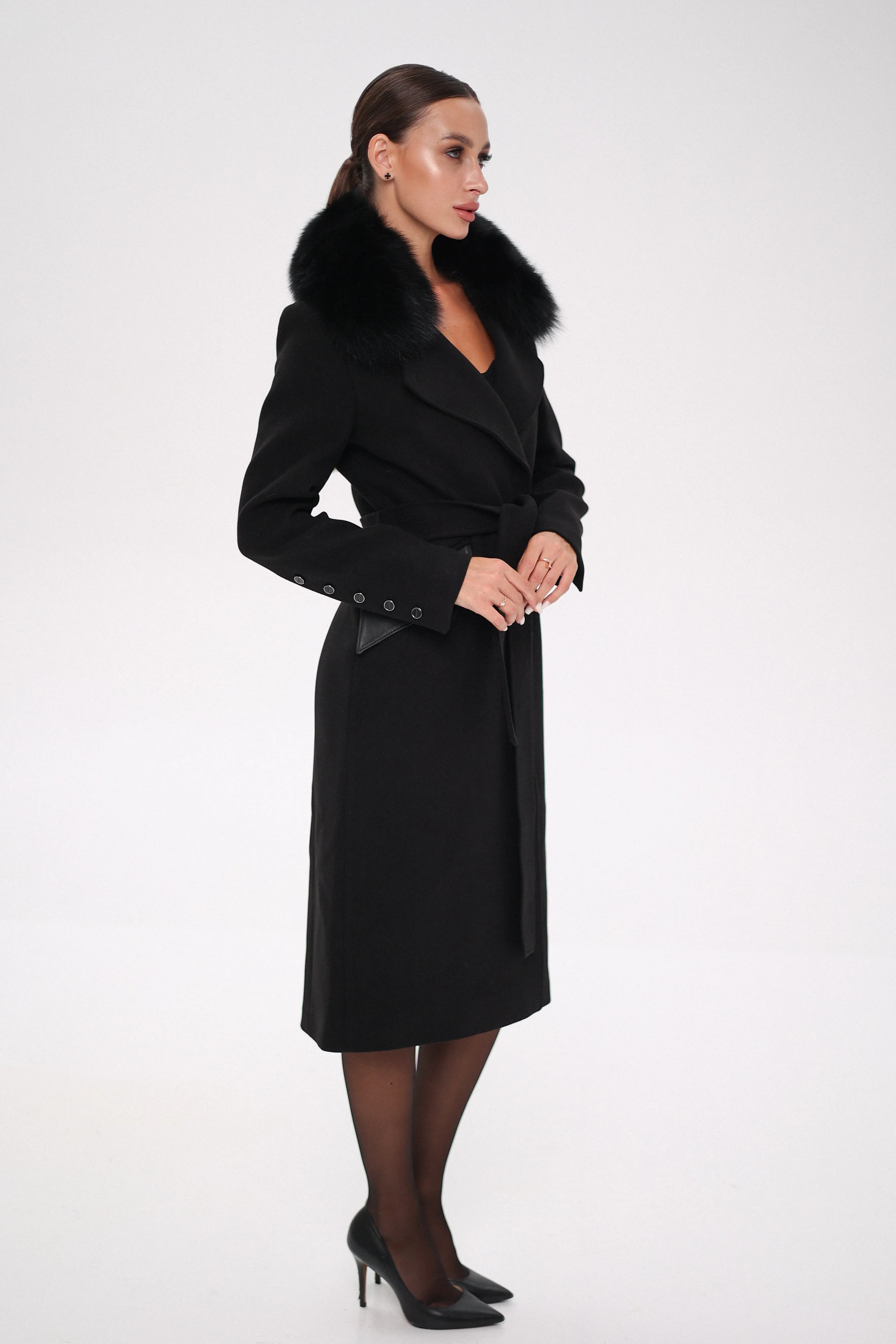 Kendra Genuine Polar Fox Leather Trim Cashmere Wool Coat