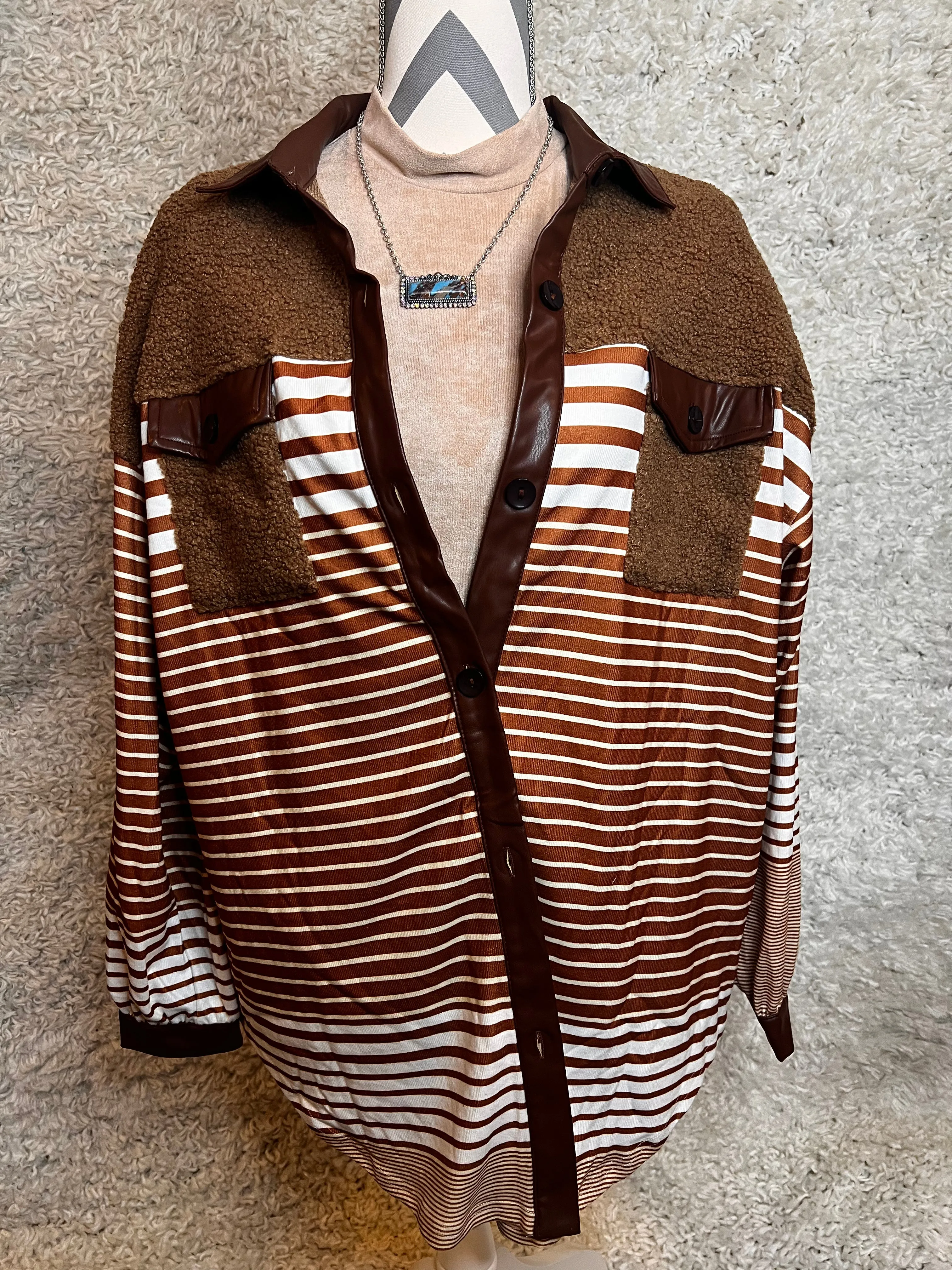 Khaki Faux Leather and Sherpa Striped Shacket