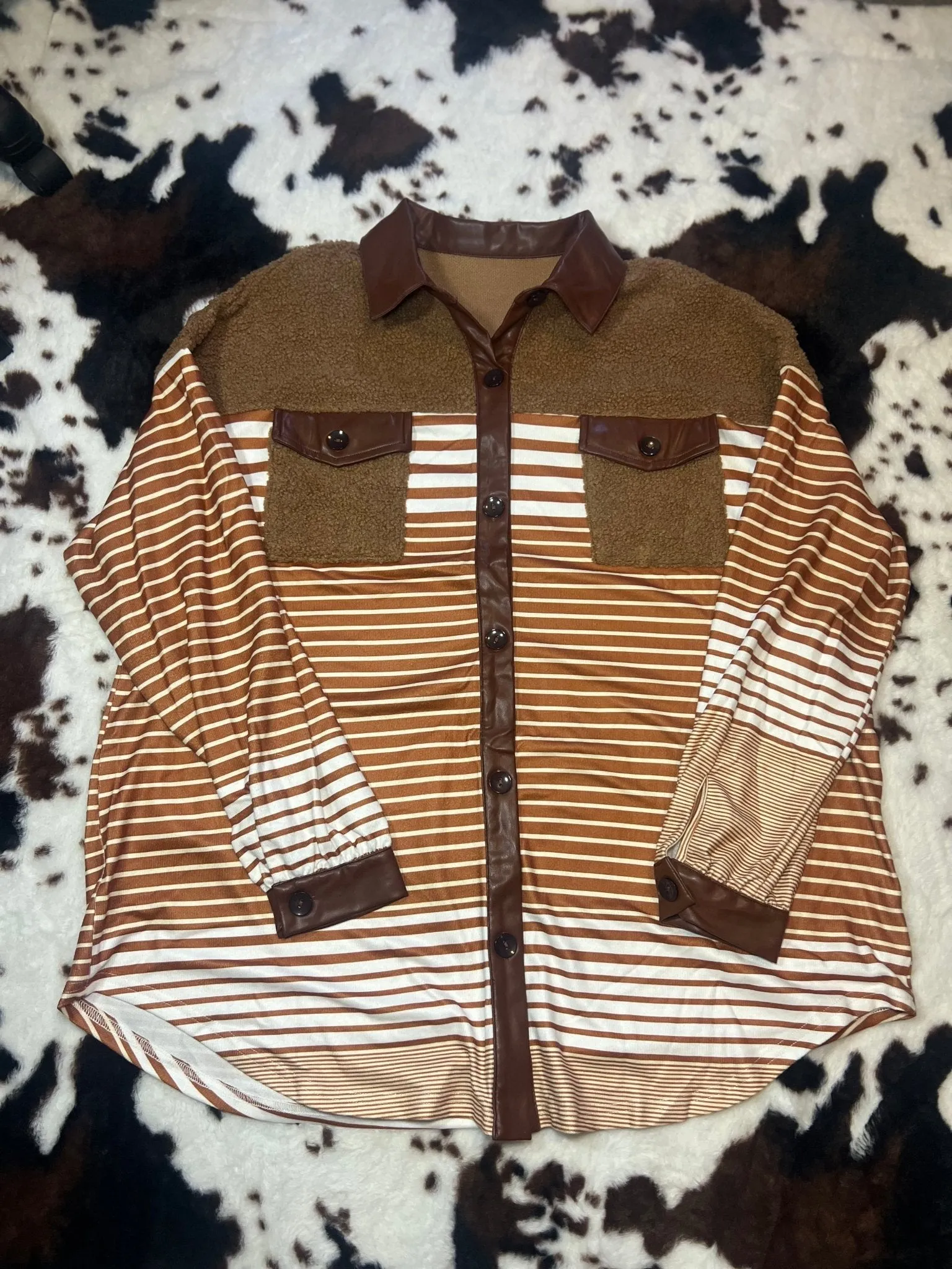 Khaki Faux Leather and Sherpa Striped Shacket