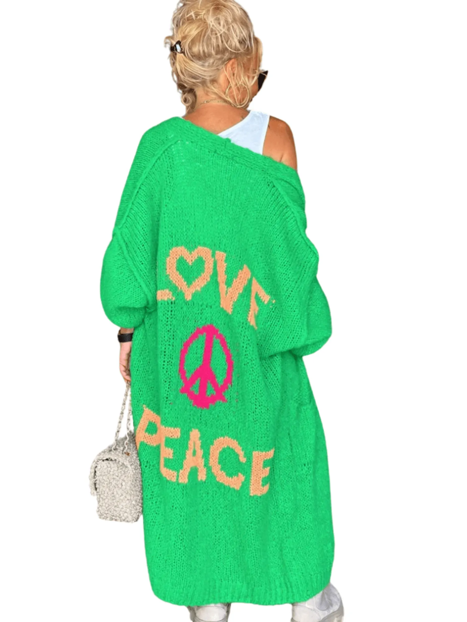 Knitted Cardigan Women's Love Peace Cardigan Loose Long Outerwear Y2K Sweater Coat Soft Cover Up Fashion Streetwear