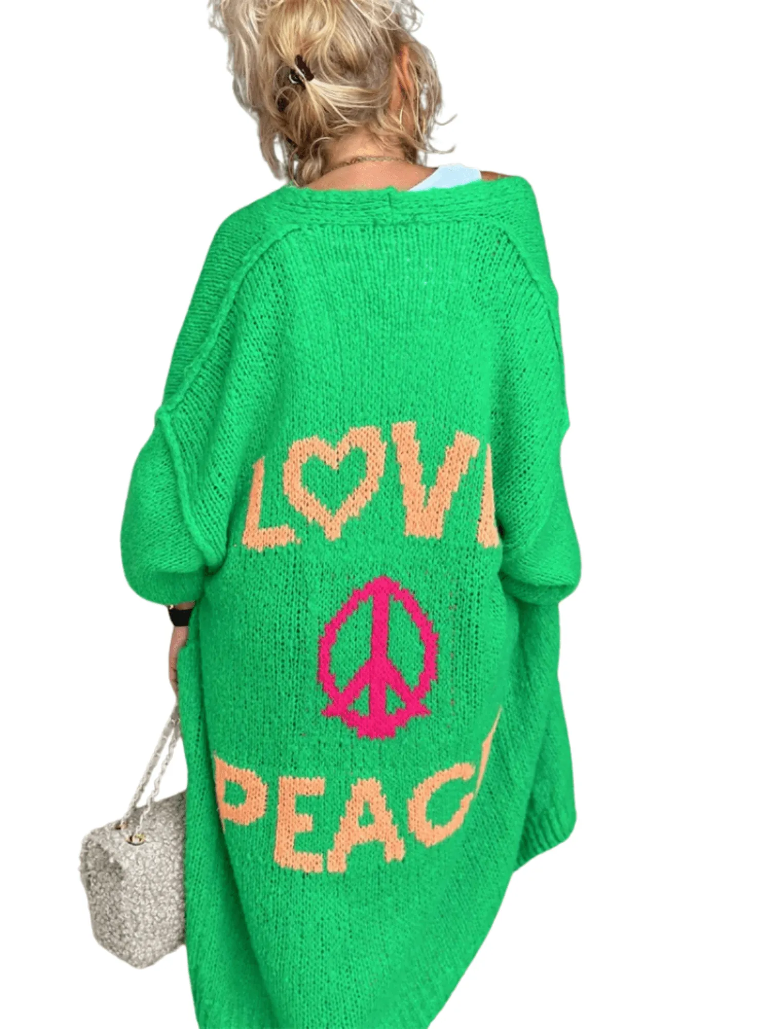 Knitted Cardigan Women's Love Peace Cardigan Loose Long Outerwear Y2K Sweater Coat Soft Cover Up Fashion Streetwear