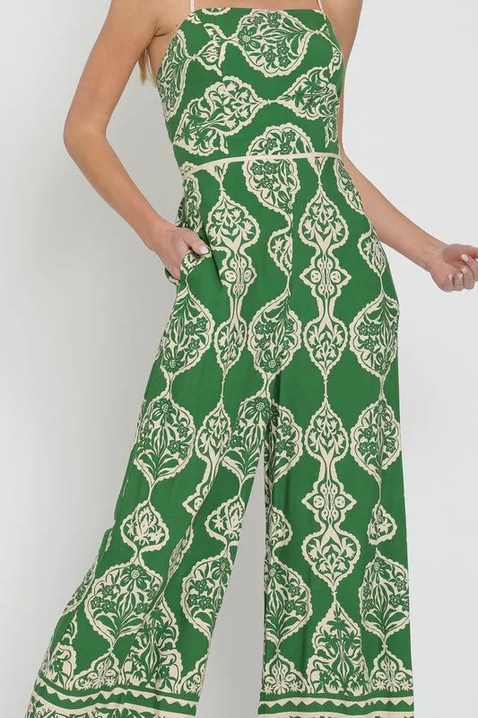 Kristi Sleeveless Abstract Print Wide Leg Jumpsuit Green