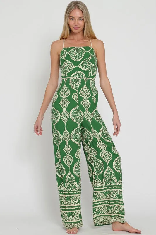 Kristi Sleeveless Abstract Print Wide Leg Jumpsuit Green