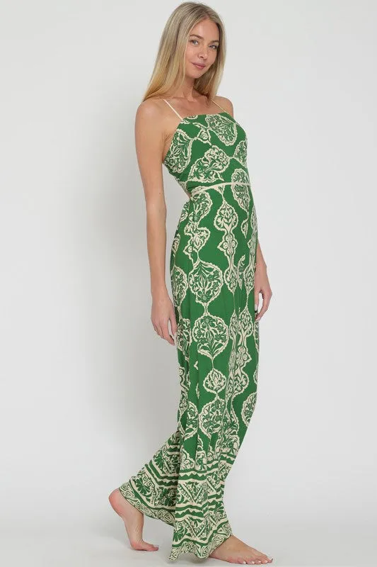 Kristi Sleeveless Abstract Print Wide Leg Jumpsuit Green