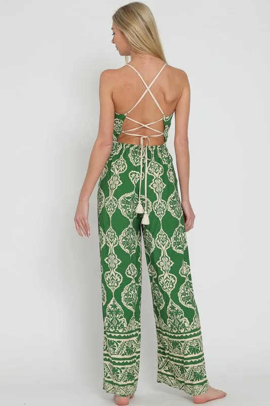 Kristi Sleeveless Abstract Print Wide Leg Jumpsuit Green