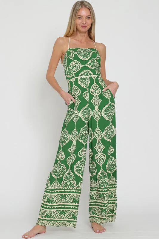 Kristi Sleeveless Abstract Print Wide Leg Jumpsuit Green