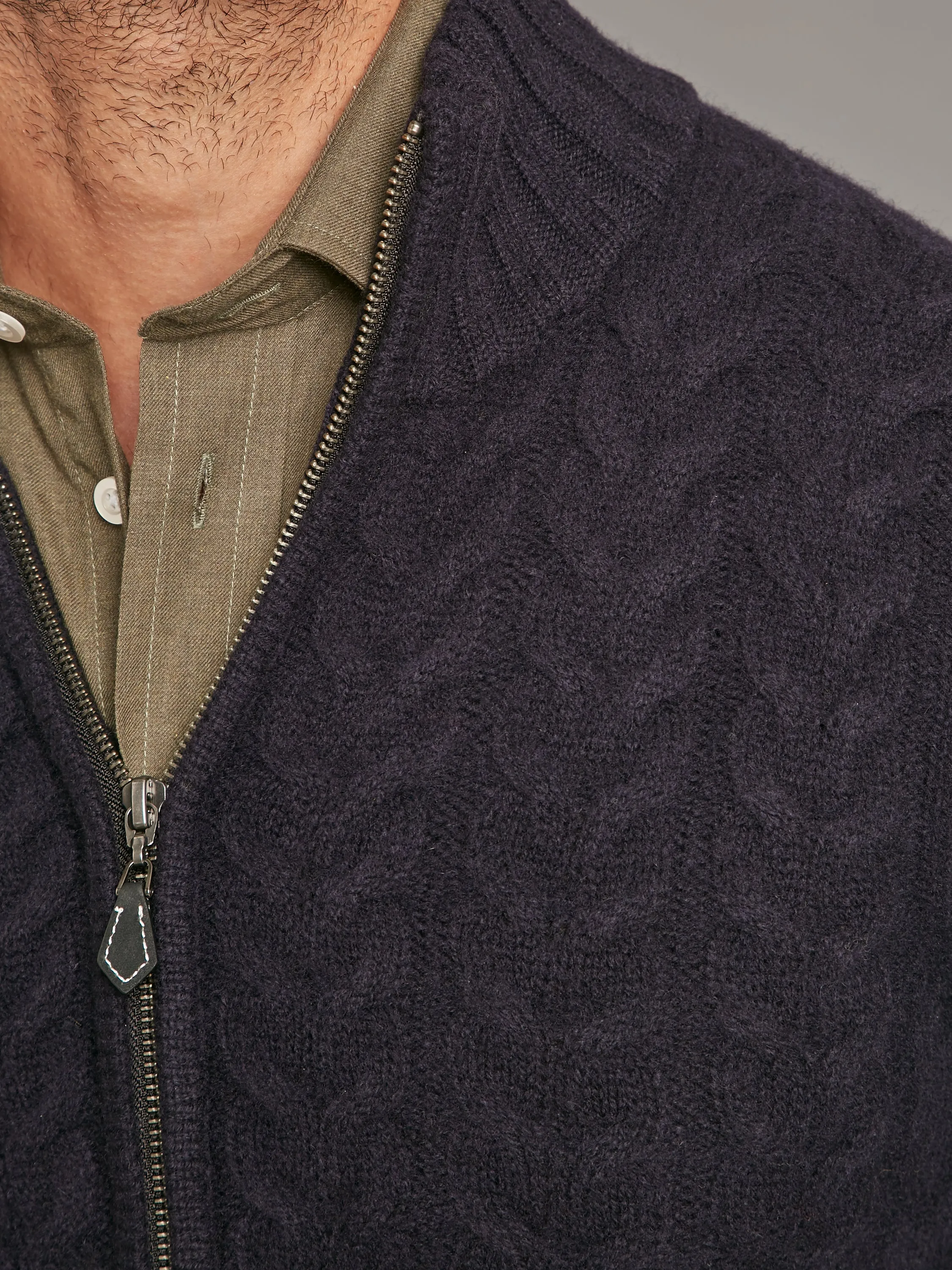 Lambswool Cable Knit Zip Cardigan - Navy