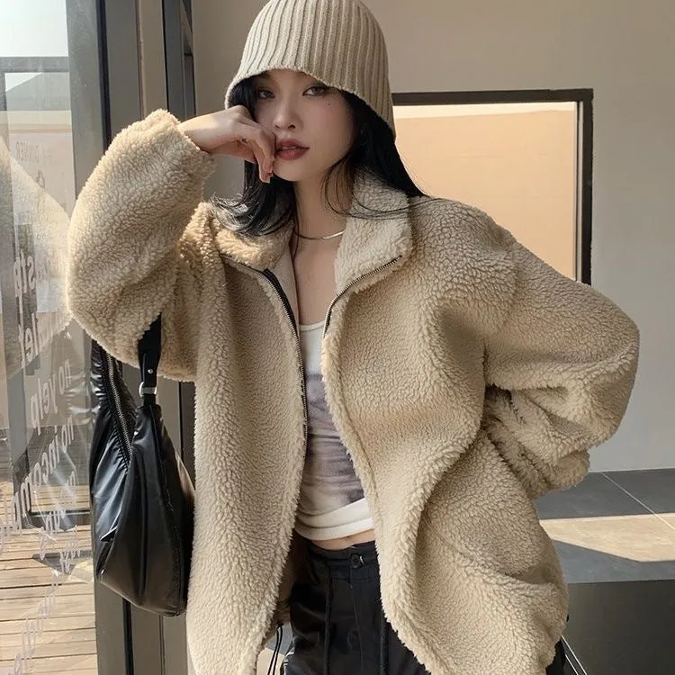 Lanfubeisi tailgate outfit black women Korean Style Autumn and Winter French Gentle Lapel Zipper Loose Casual Solid Color Long Sleeve Coat for Women