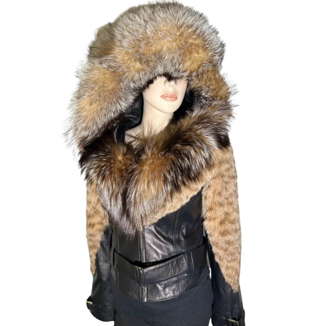 Leather with lynx layered and fox trimmed hood