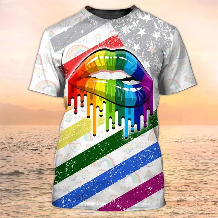 Lesbian Rainbow Lips Pride Tshirt, Gay 3D All Over Print T Shirt, Couple Lesbian Gift