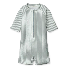 Liewood Max Seersucker Swimming Jumpsuit With Short Sleeves | Y/D Stripe: Sea Blue/White