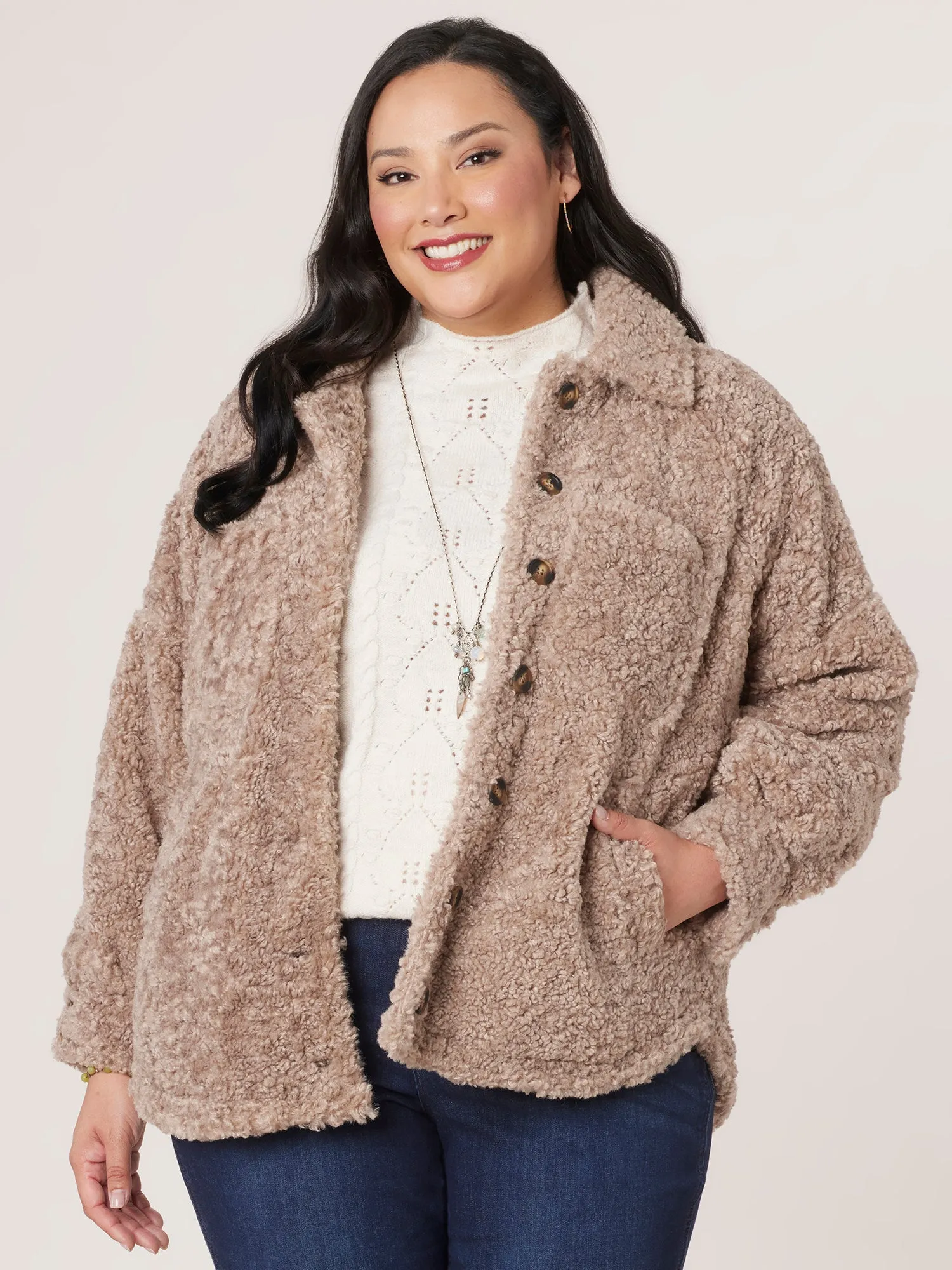 Long Blouson Sleeve Buttoned Double Patch Pocket Plus Size Jacket