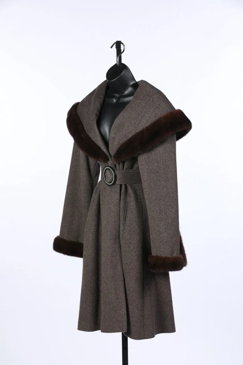 Loro Piana Brown Cashmere/Wool Shawl Collar Full-Length Coat w Fur Trim & Belt