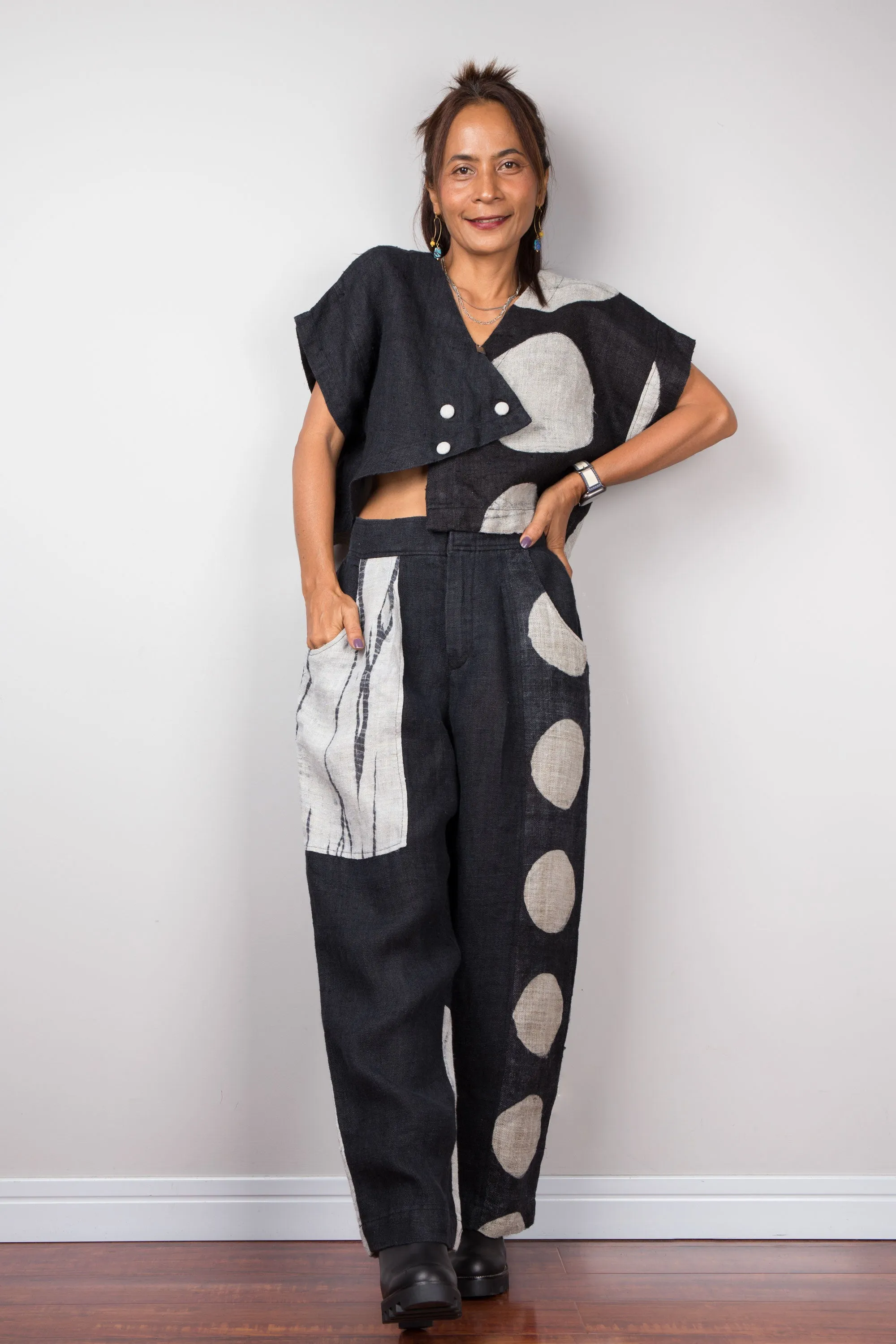 Matching hemp pants and blouse tunic (shibori and dot)