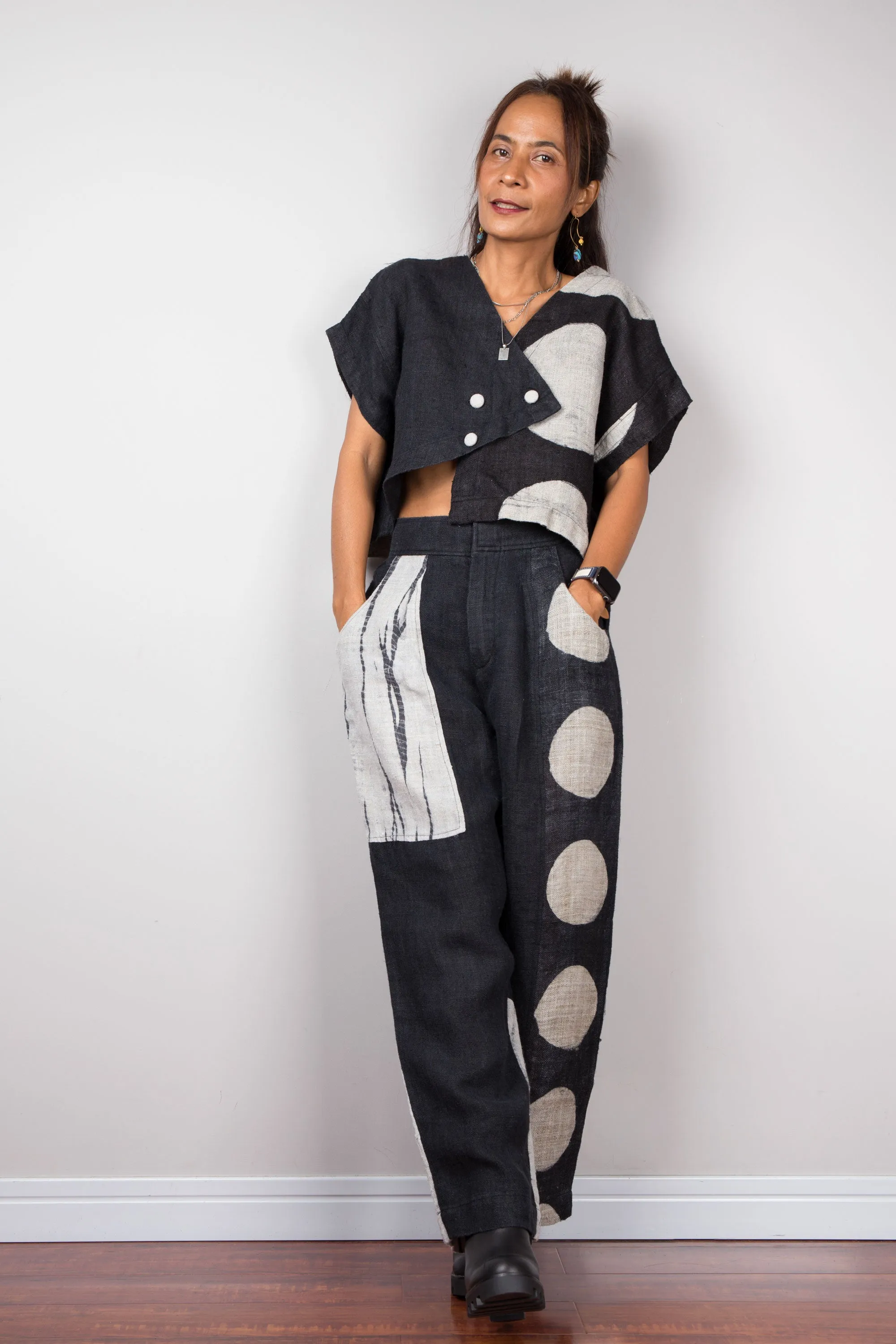 Matching hemp pants and blouse tunic (shibori and dot)