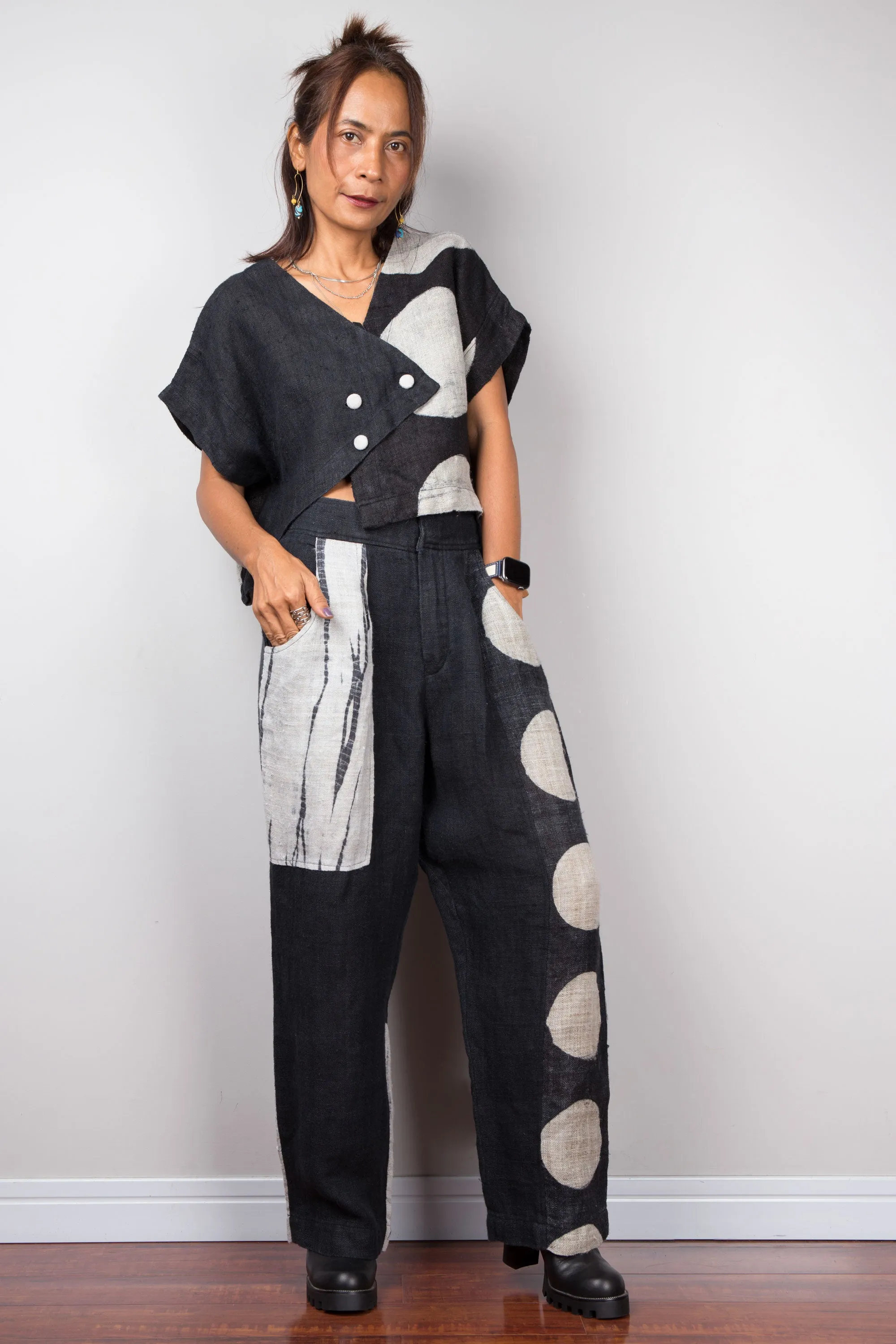 Matching hemp pants and blouse tunic (shibori and dot)