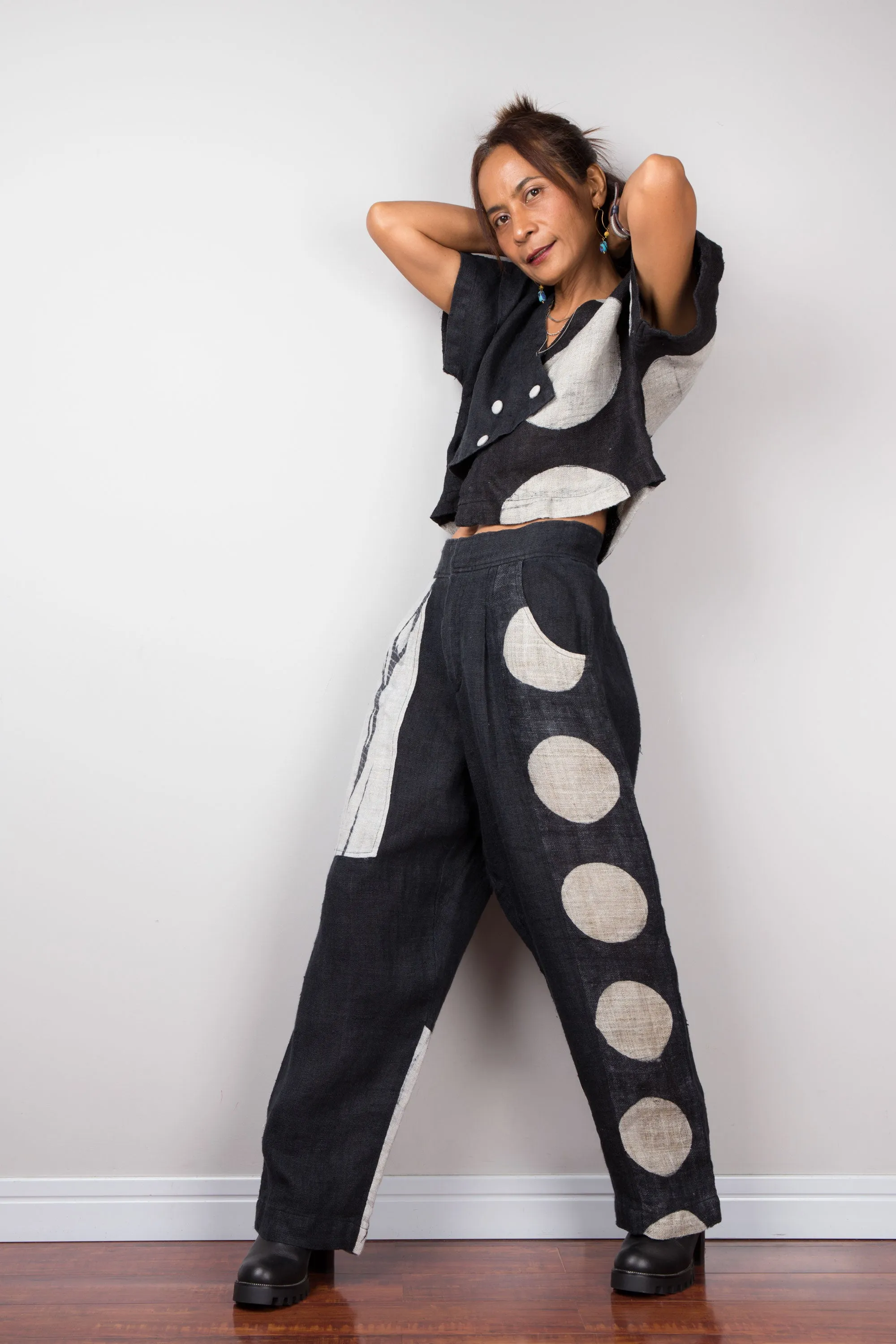 Matching hemp pants and blouse tunic (shibori and dot)