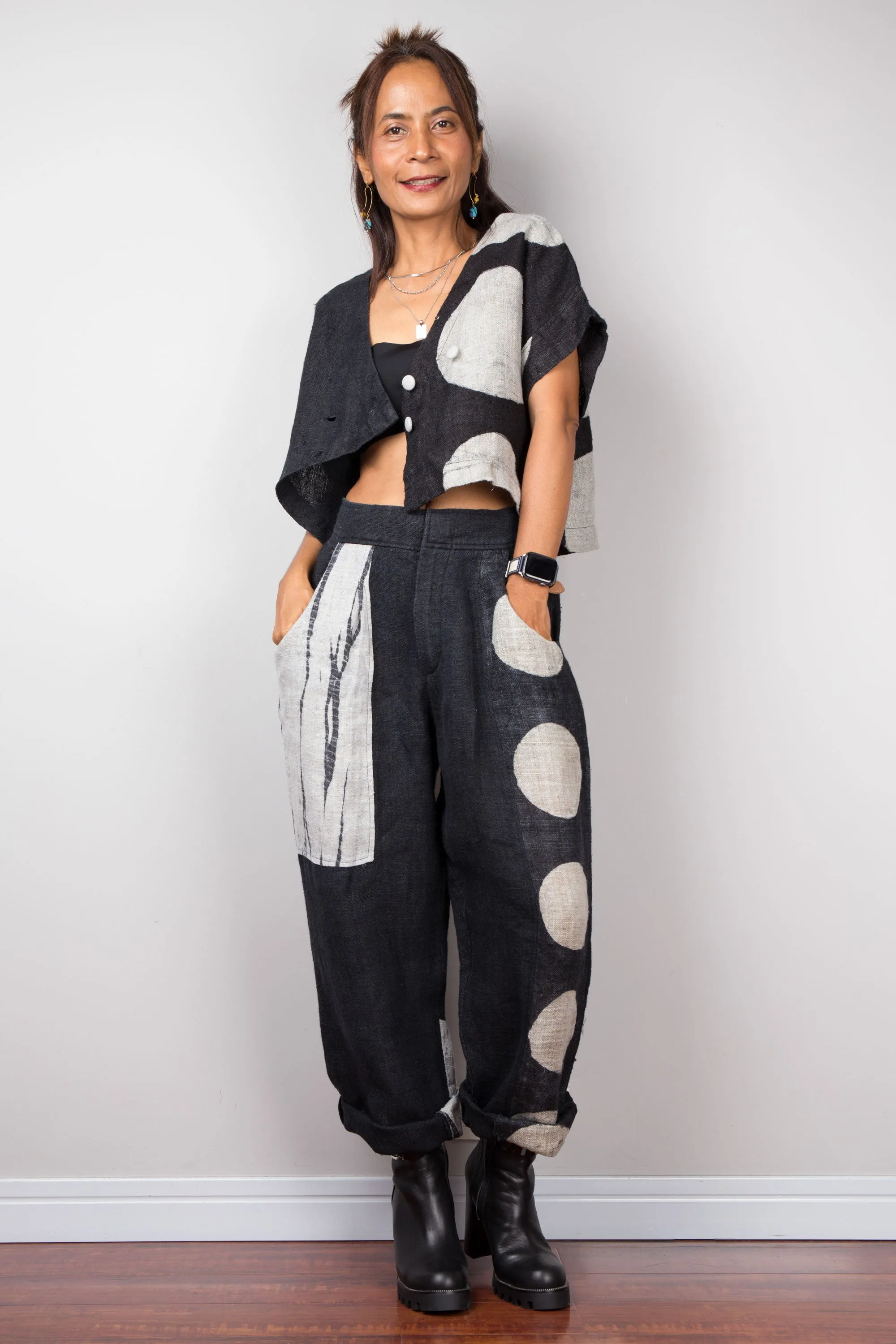 Matching hemp pants and blouse tunic (shibori and dot)