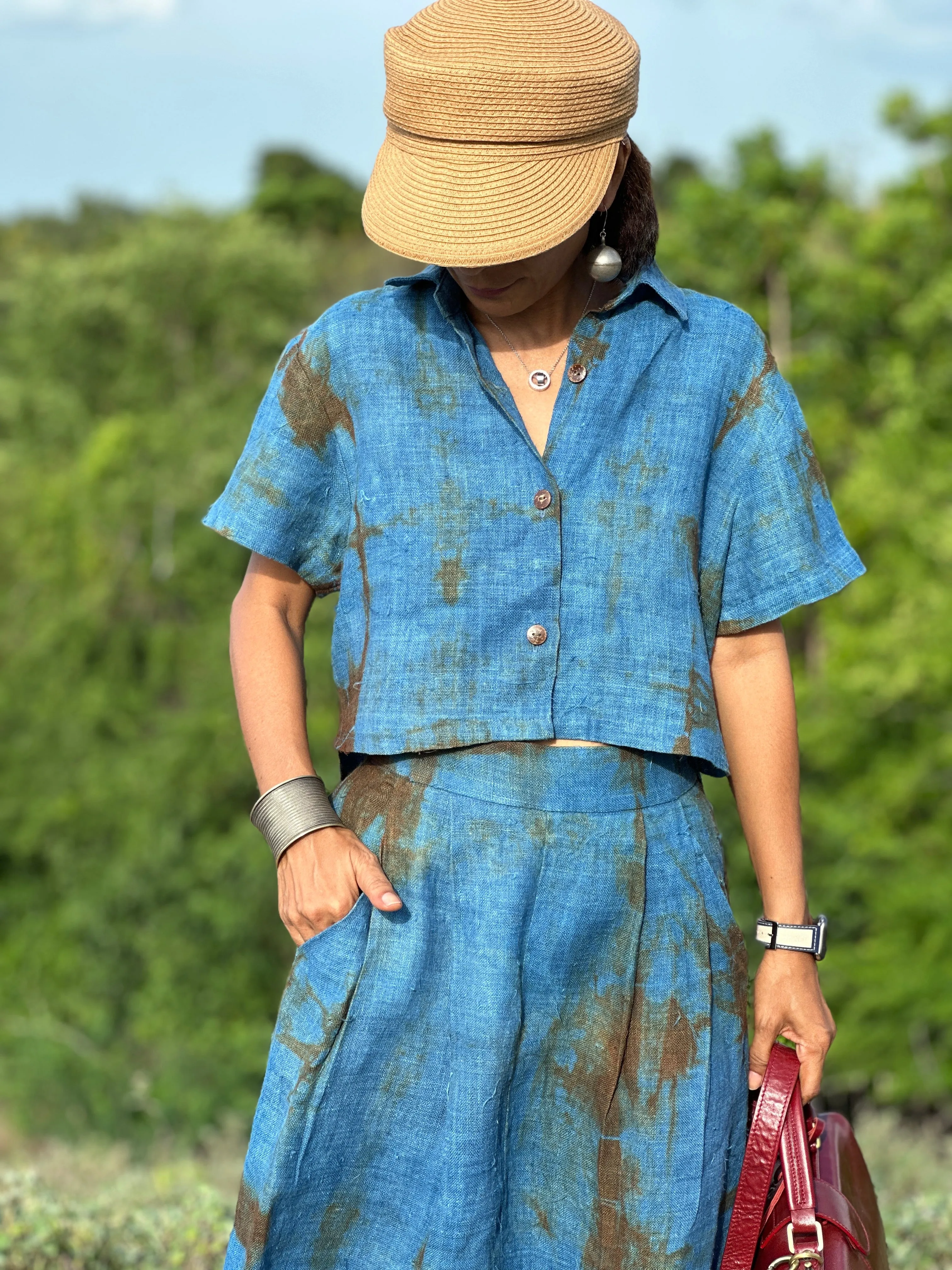 Matching indigo skirt and blouse top