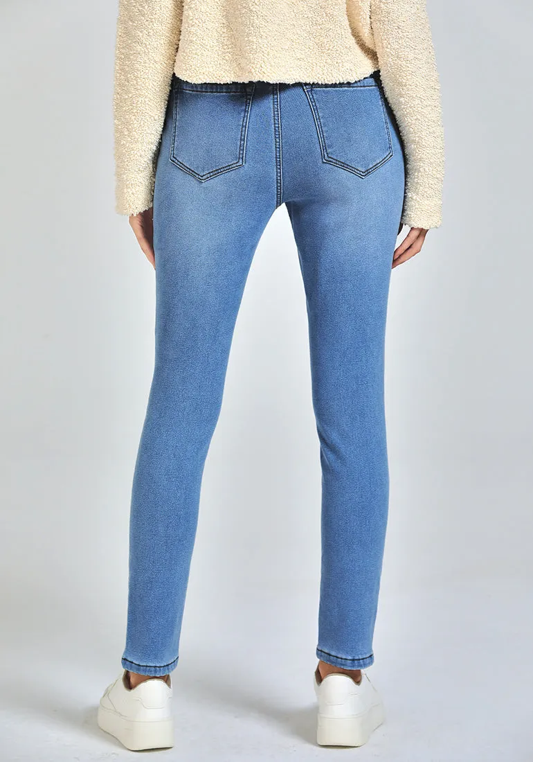 Medium Blue Women's High Waisted Fleece Lined Thermal Skinny Denim Pants