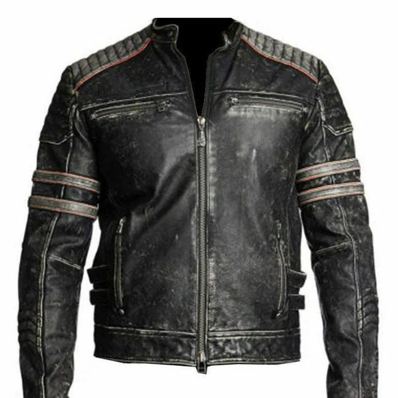 Men's Retro One Cafe Racer Vintage Style 100% Cowhide Distressed Leather Jacket